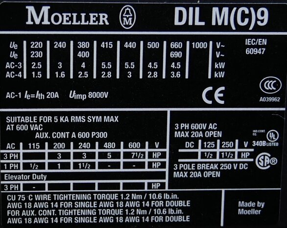 Moeller DILMP20 contactor 24V ac 4KW 20A 3P+1NC, 276712