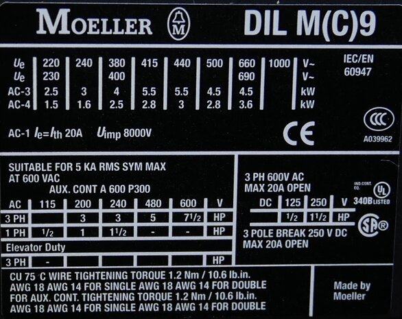 Moeller DILMP20 magneetschakelaar 24V ac 4KW 20A 3P+1NC, 276712