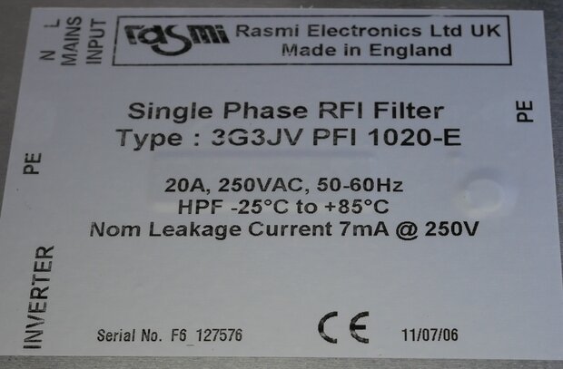 Rasmi 3G3JV PFI 1020-E Single Phase RFI Filter