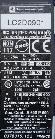 Telemecanique LC2D0901B7 TeSys magneetschakelaar 24V 3P 25A