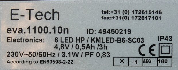 E-Tech eva. 1100.10n LED escape route lighting 3h Emergency lighting fixture IP54