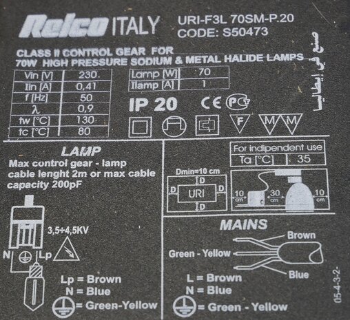 Relco URI-F3L 70SM-P.20 Power supply system for discharge lamps 230V 70W