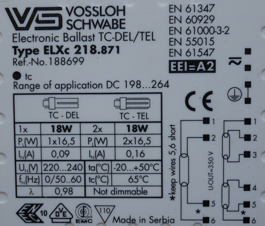 Vossloh Schwabe 188699 Ballast ELXc 218.871 Ballast TC-DEL/TEL 18W