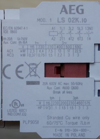 AEG LS02K.10-55 magnetic switch 3P 1NO 24V 20A, 137632