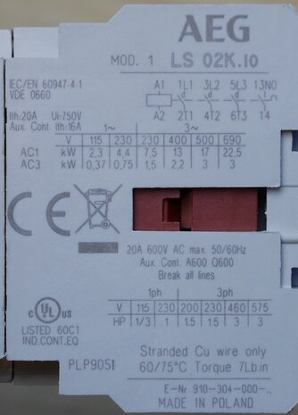 AEG LS02K.10-55 magneetschakelaar 3P 1NO 24V 20A, 137632