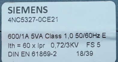Siemens 4NC5327-0CE21 Current Transformer 600/1 A, 5 va CL 1.0, 4NC53270CE21