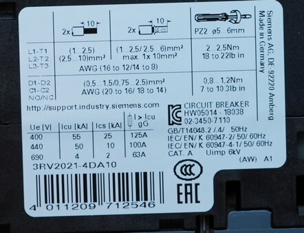 Siemens 3RV2021-4DA10 Motor protection switch 18-25A 3RV20214DA10