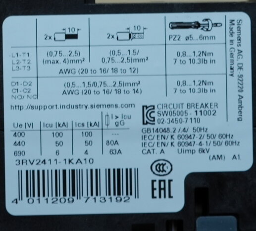 Siemens 3RV2411-1KA10 Motor protection switch 9-12.5A S00 3RV24111KA10