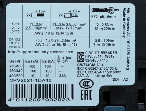 Siemens 3RV2021-1DA10 Motor protection switch 2.2-3.2A S0, 3RV20211DA10