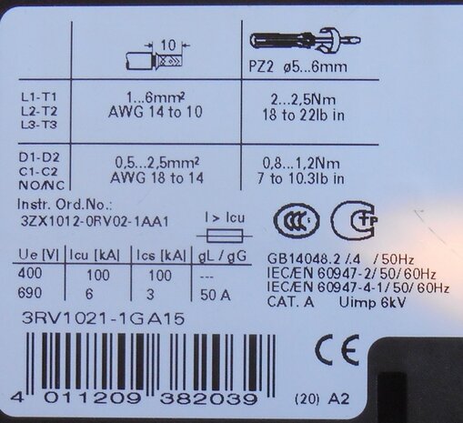 Siemens 3RV1021-1GA15 motorbeveiliging schakelaar 4,5-6,3A 