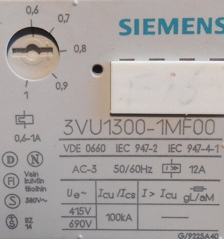 Siemens motorstarter 3VU1300-1MF00 3P 1NO, 1NC. 0.60-1 A