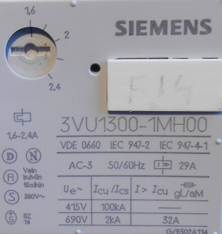 Siemens 3VU1300-1MH00 starter protector 3P 1.6-2.4A 1NC+1NO