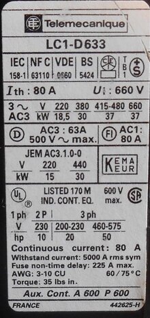 Telemecanique LC1DC633 Contactor 63A 3P 100V 50Hz