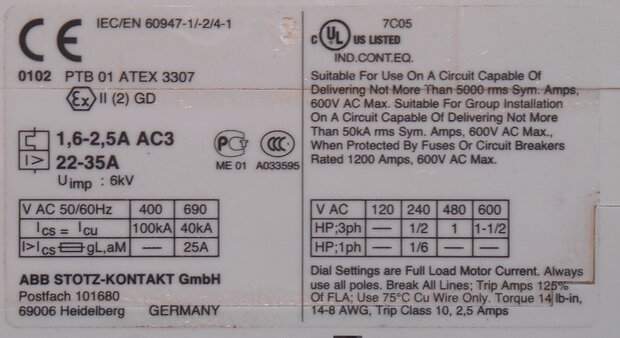 ABB MS325 Motor Starter 690V 1,6-2,5A