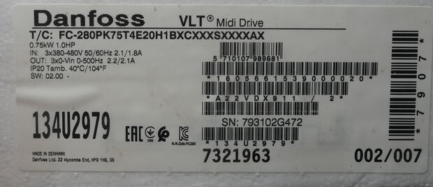 Danfoss 134U2979 Frequentieregelaar FC-280PK75T4E20H1BXCXXXSXXXXAX