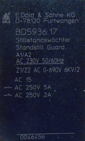 Dold stilstandbewaker relais 0046456 Type BD5936.17 AC50 60Hz 230V