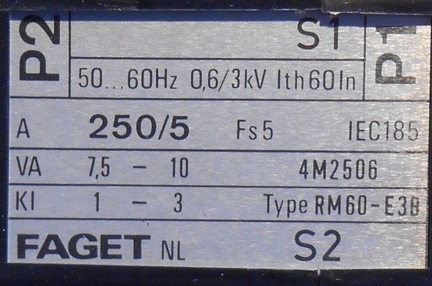 Faget Eleq Stroommeettransformator trafo RM60-E3B 250/5 7,5-10VA KL1-3