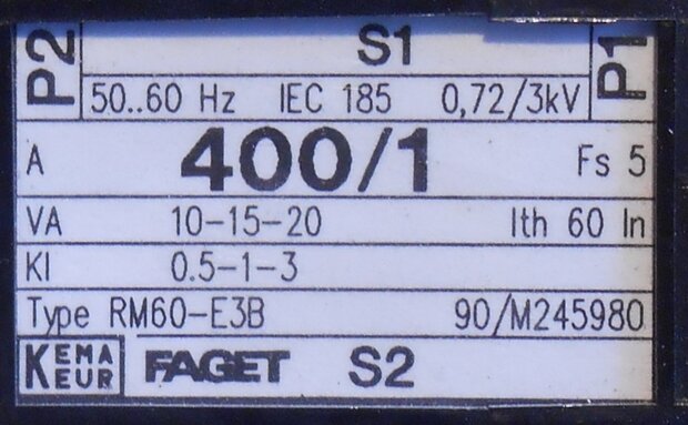 Faget Eleq Stroommeettransformator trafo RM60-E3B 400/1 10-15-20VA KL0,5-1-3