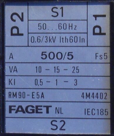 Faget Eleq Stroommeettransformator trafo RM90-E5A 500/5 10-15-25VA KL0,5-1-4
