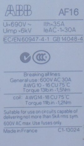 ABB AF16-22-00-13 magneetschakelaar 2NO 2NC 100-250V 50/60HZ-DC 4P 35A