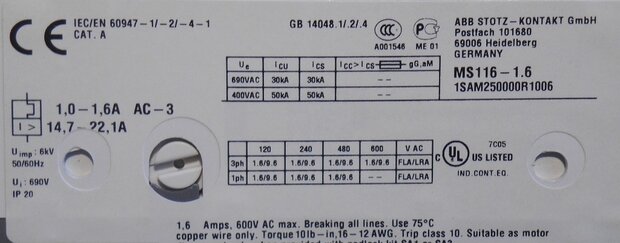ABB Motor protection switch MS116-1.6 1-1,6A