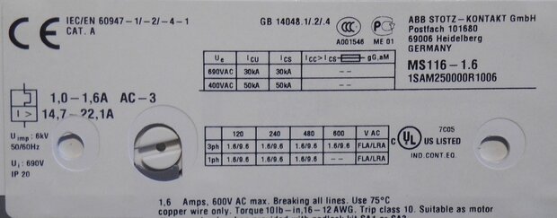 ABB Motorbeveiligingsschakelaar MS116-1.6 1-1,6A