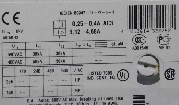 ABB Motorbeveiligingsschakelaar MS116-0.4 0,25-0,4A