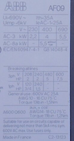 ABB AF09-30-01-11 contactor 3P 1NC 25A