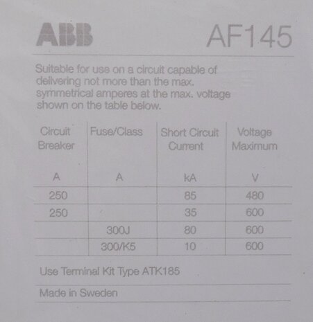 ABB Contactor AF145-30 20-60VDC 3P 250A
