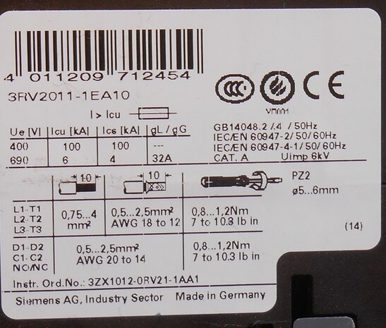 Siemens Motor protection switch 3RV2011-1EA10 2,8-4A