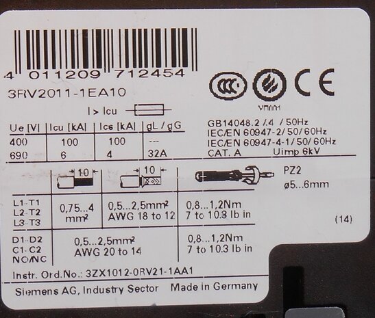 siemens Motorbeveiligingsschakelaar 3RV2011-1EA10 2,8-4A