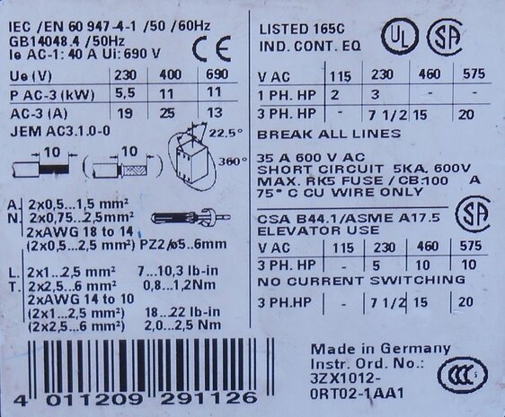 Siemens 3RT1026-1AP00 contactor 3P 230V 40A