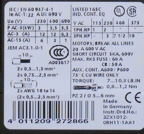 Siemens 7,5KW 24DC sterdriehoekschakelaar 3RA1416-8XB31-1BB4