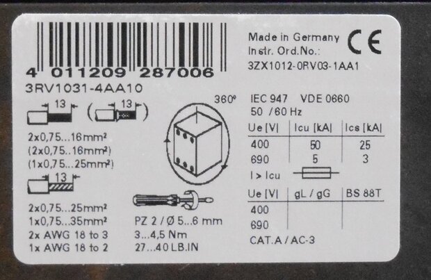 Siemens 3RV1031-4AA10 motorbeveiligingsschakelaar 11-16A Thermomagnetisch 7.5kW