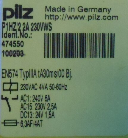 PILZ P1HZ / 2 2A 230 VWS safety relay relay 474 550