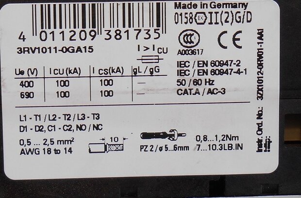 Siemens Motorbeveiligingsschakelaar 0,45-0.63A 3P 3RV1011-0GA15