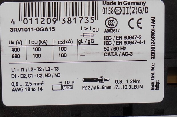 Siemens motor protection switch 3P 0,45-0.63A 3RV1011-0GA15