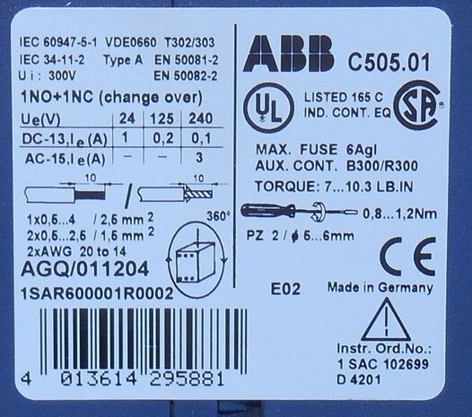 ABB C505.01 -230 thermistor relay 1NO + 1NC (changeover) 1SAR600001R0002