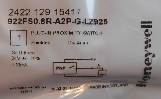 Honeywell 922FS0.8E-A2P-G-L Proximity Sensor schakelaar 2422 129 15417