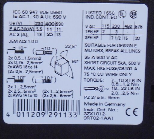 Siemens 3RT1026-1BB40 contactor 3P 11kW 24V DC incl. Contact block