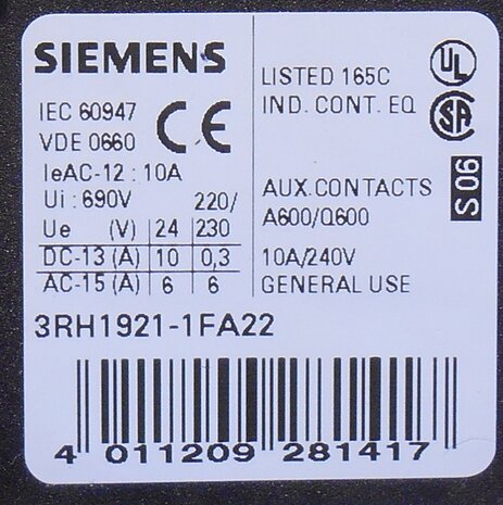 Siemens 3RT1026-1BB40 contactor 3P 11kW 24V DC incl. Contact block
