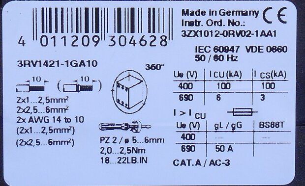 Siemens motor protection switch 33RV1421-1GA10 4,5-6,3A incl. Auxiliary contact