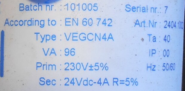 JASPERS VEGCN rectifier power supply 24Vdc VEGCN4A 4A 96VA