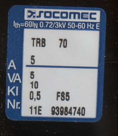 Socomec transformator 192T0521 5A/5A 10 VA CL.0,5 31021 + Fix TRB 70