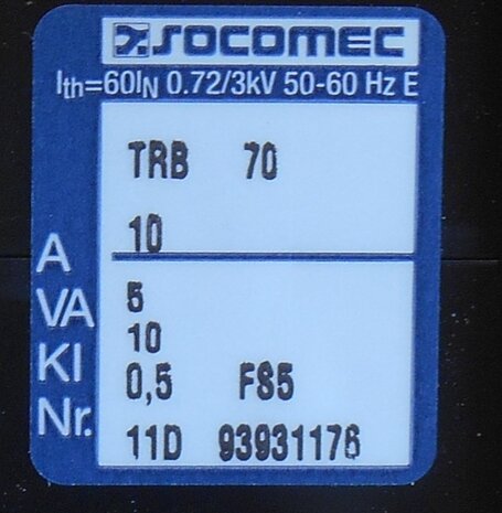Socomec 192T0522 transformer 10 / 5A 10 VA CL.0,5 + Fix - 15 VA CL.1 TRB 70