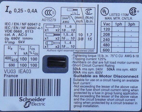 Schneider Telemecanique motor protection switch GV2ME03 0,25-0,40A