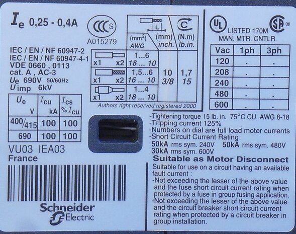 Schneider Telemecanique motorbeveiligingsschakelaar GV2ME03 0,25-0,40A