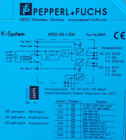 Pepperl+Fuchs KFD2-GS-1.2W Current/Voltage Trip Value 038311