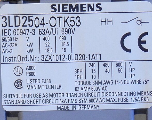 Siemens 3LD2504-0TK53 hoofdschakelaar 3LD25040TK53