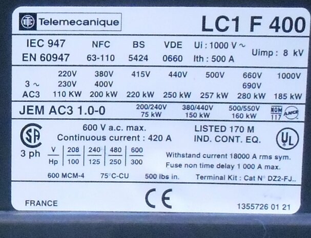 Telemecanique LC1F400 3P 400A contactor